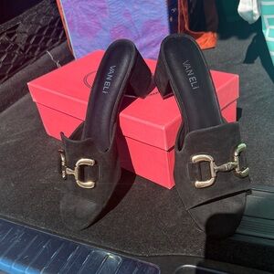 Vaneli Black Mules with Gold Buckle